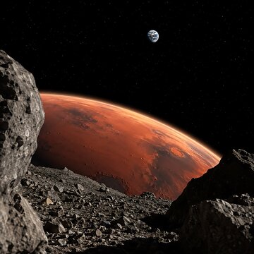 Mars and Earth viewed from asteroid surface with dramatic deep space lighting and rocky foreground