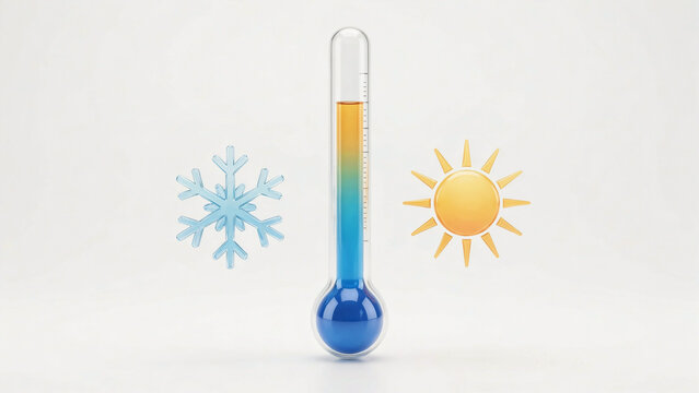 Thermometer showing temperature extremes with snowflake and sun graphic symbols on transparent background