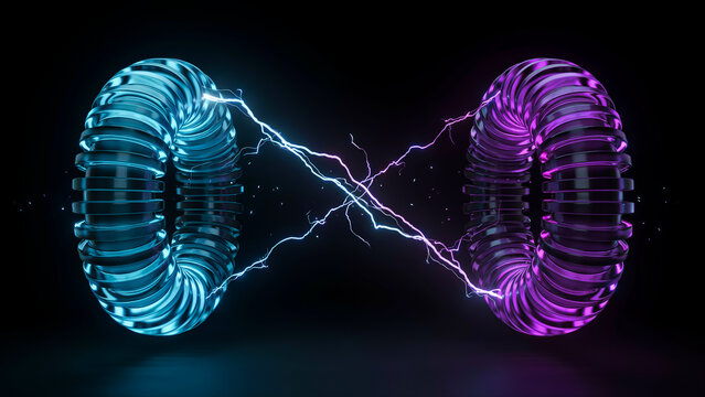 Two Glowing Toroid Coils Connected by Electric Lightning, Energy and Magnetic Field Technology Concept