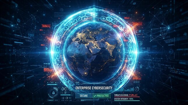 Global Enterprise Cybersecurity System Protecting Planet Earth with Digital Shield and HUD Interface