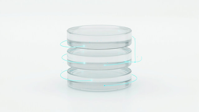 Three transparent circular petri dishes stacked with subtle glowing light effect on clear background