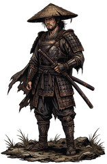 Obraz premium Lone Japanese Ronin Samurai Warrior in Traditional Armor with Katana and Straw Hat