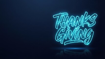 Naklejka premium Striking glowing blue neon Thanks Giving text on dark background perfect for AI presentations, digital marketing, and futuristic tech projects.