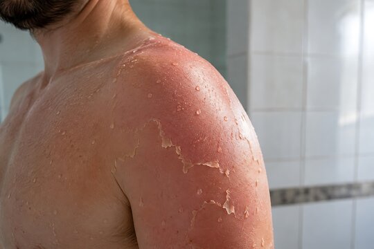 Sunburned shoulder peeling with water droplets during shower with bright bathroom lighting conceptualizing skin damage
