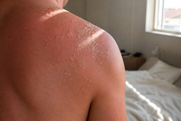 Fototapeta premium Sunburned shoulder with peeling skin illuminated by bright window light during daytime indoors