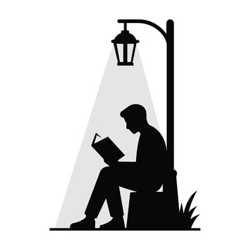 Man Reading Book Under Street Lamp at Night, Symbol of Knowledge, Education, Learning and Relaxation