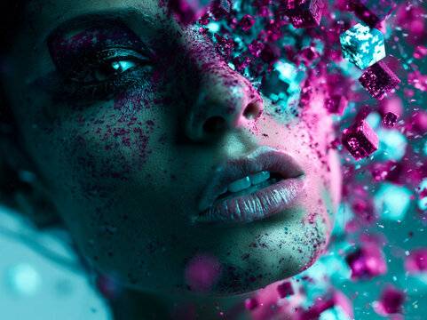 Futuristic Woman Face Dissolving into Digital Neon Particles