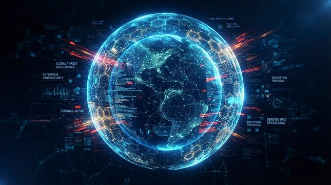 Global Cybersecurity Defense System with Digital Earth Map and High-Tech HUD Interface Networking