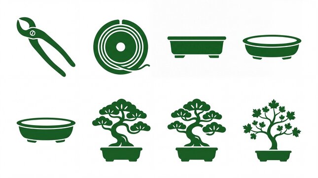 Bonsai Tree Cultivation Vector Icon Set, featuring various bonsai trees, essential tools, and ceramic pots. A comprehensive collection for gardening, horticulture, and nature-themed designs.