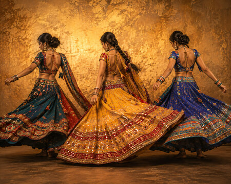 Three Women in Colorful Traditional Lehenga Choli Performing an Indian Folk Dance