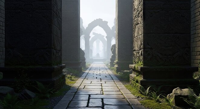 Enchanting stone pathway through ancient mystical garden ruins.