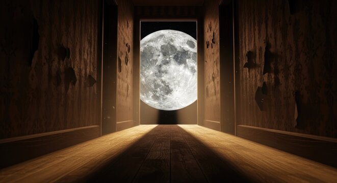 Giant glowing full moon through a dark wooden corridor.