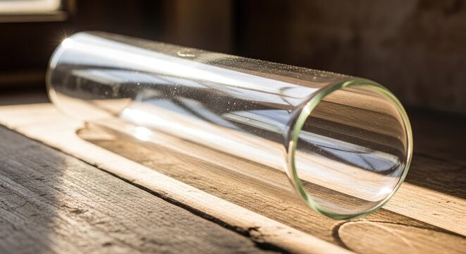 Glass laboratory tube on rustic wooden surface.