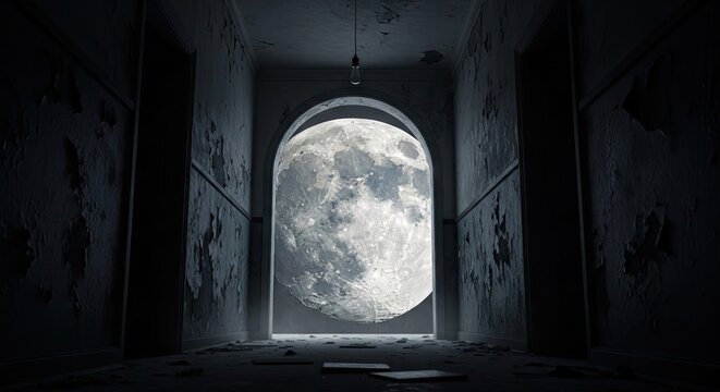 Large full moon seen through abandoned building doorway.