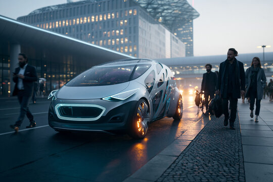 Futuristic Autonomous Electric Car Driving on Modern City Street