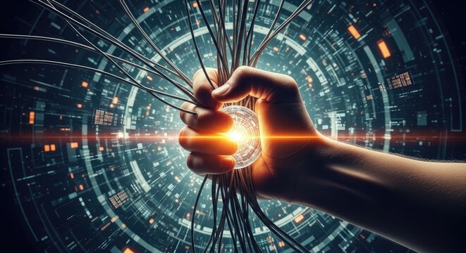 Human hand holding glowing fiber optic cables in data.