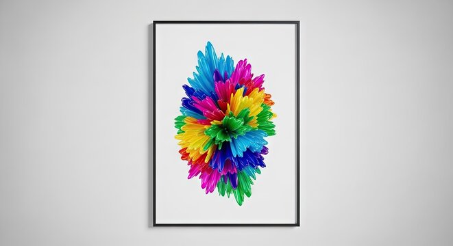 Minimalist white wall with framed vibrant rainbow color explosion.