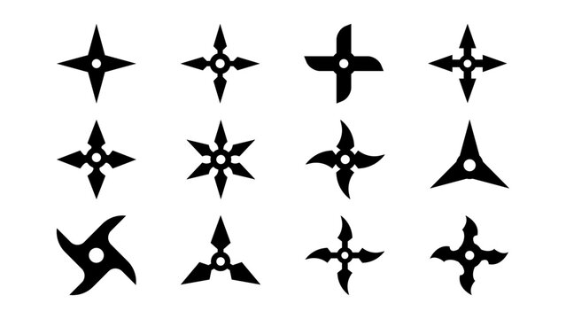 Black Ninja Star Icon Set Japanese Shuriken Weapon Silhouette Collection