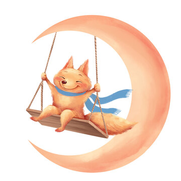 Hand-drawn cute fox blue scarf on crescent moon swing illustration