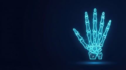 Naklejka premium Striking 3D glowing blue wireframe human hand skeleton showcases futuristic tech innovation perfect for AI, digital science, and high-tech projects against dark background.
