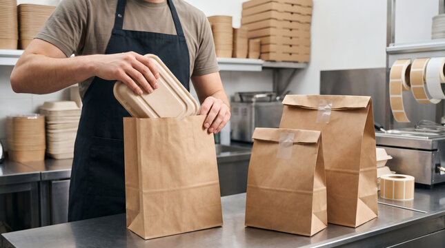 Restaurant worker in apron packing food container into eco friendly craft paper bag for takeaway delivery order service in commercial kitchen