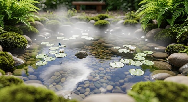 Serene misty garden pond with lily pads.