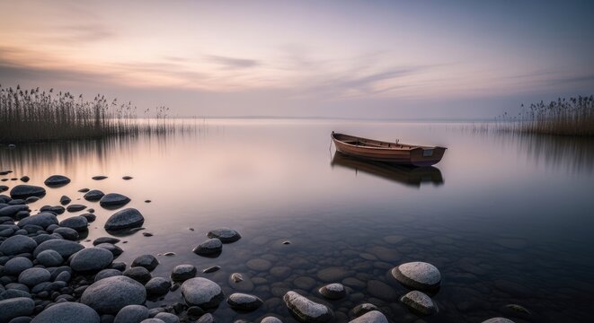 Small wooden boat on calm lake at dusk.