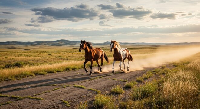 Two horses galloping on a rural dirt road.