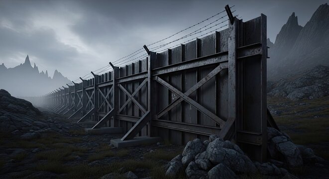 Dramatic wooden fence fortification in misty mountain valley.