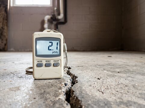 Radon detector placed on a cracked concrete floor during radon level testing in a residential basement for home inspection and indoor air quality assessment
