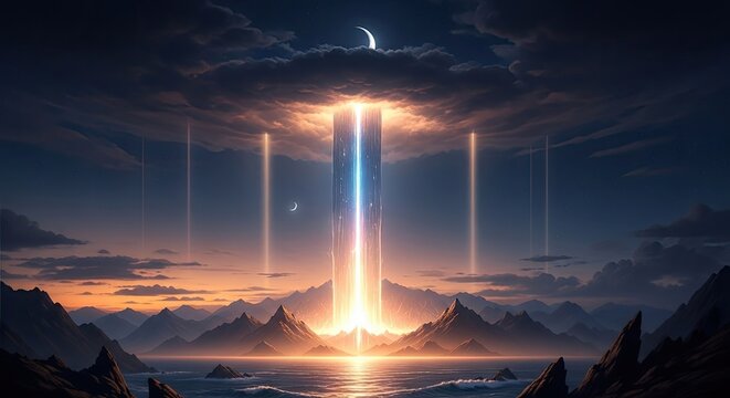 Epic glowing portal between mountain peaks at night.