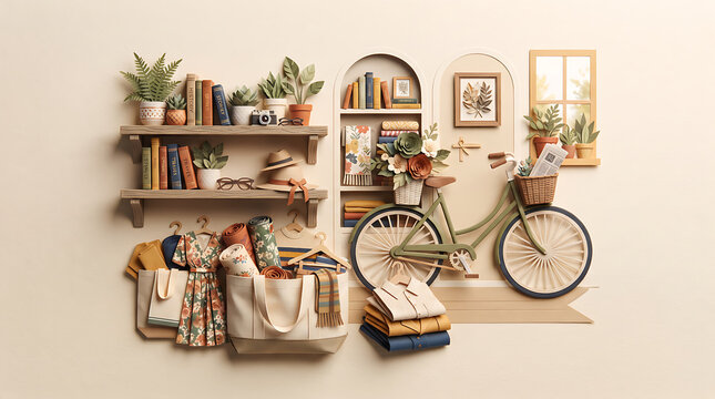 Vintage Paper Craft Decor with Books and Bicycle Wall Art