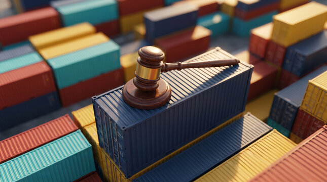 Polished wooden judge gavel on blue shipping container above colorful cargo container yard representing global trade law