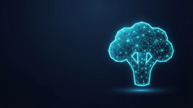 Striking 3D glowing blue wireframe broccoli symbolizes AI neural networks and digital innovation against a dark tech background perfect for high-tech marketing.