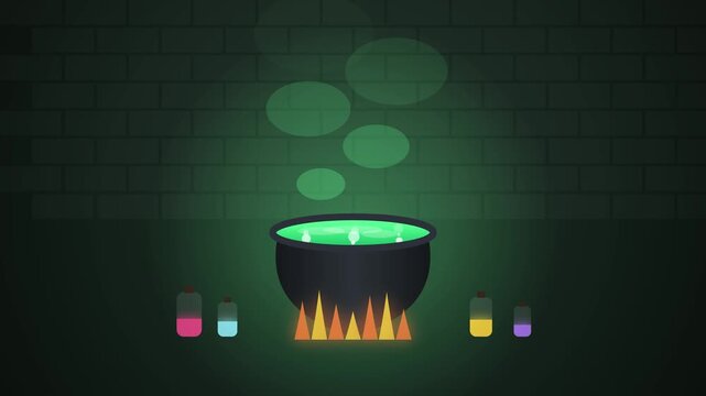 Witch Cauldron Boiling Green Potion with Magic Smoke and Vials