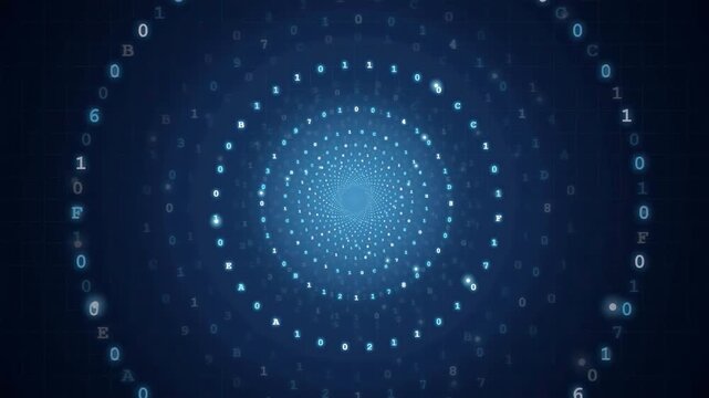 Abstract digital data tunnel with glowing binary code circles rotating in deep blue cyberspace