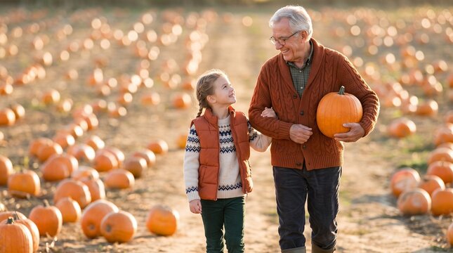Senior Man and Young Girl Strolling Arm in Arm through Pumpkin Patch during Harvest Season