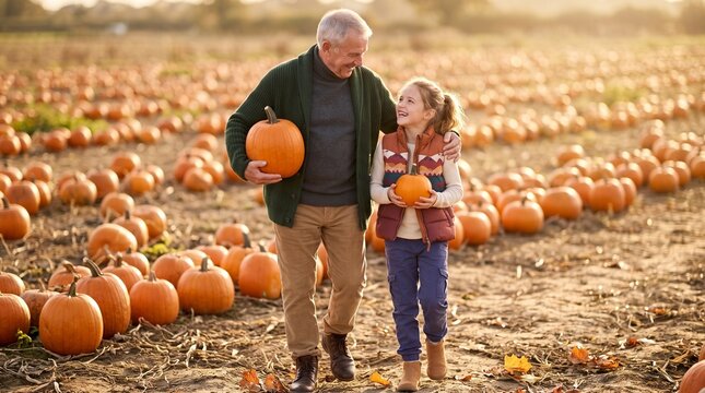 Grandfather and Granddaughter Choosing Pumpkins in Autumn Field