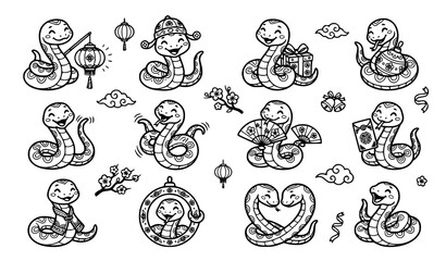 Fototapeta premium Adorable Chinese New Year Snake Characters Black Outline Vector Collection