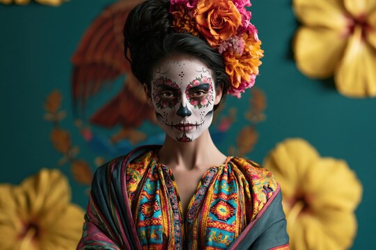 Dia de los Muertos woman with ceremonial make-up and mexican flag