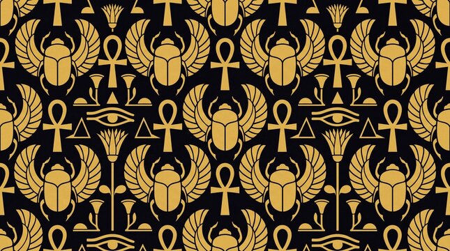 Golden Egyptian Hieroglyphs Vector Seamless Pattern on Black Background