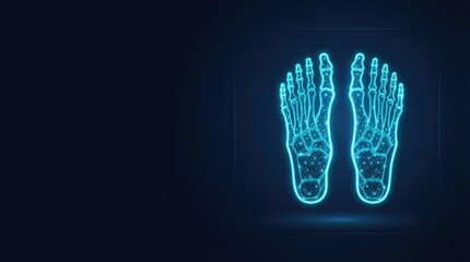 Naklejka premium Glowing blue wireframe hologram of human foot bones showcases advanced digital science and futuristic tech for AI, medical innovation, and high-tech applications.