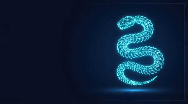 Striking 3D glowing blue wireframe snake hologram against dark tech background perfect for AI, machine learning, and futuristic digital innovation projects.