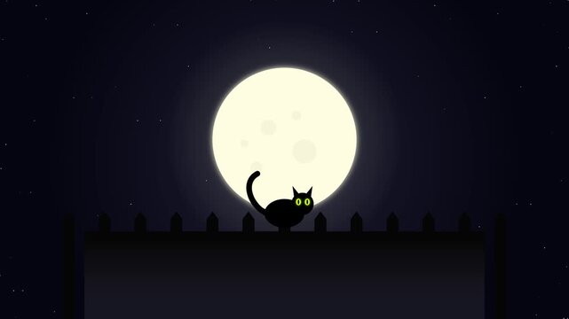 Black Cat Sitting on a Wooden Fence Under a Full Moon at Night