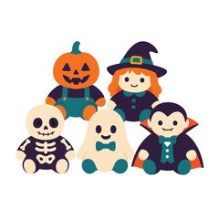 Naklejka premium Cute Halloween characters set with pumpkin, witch, skeleton, ghost, and vampire kids in flat vector style