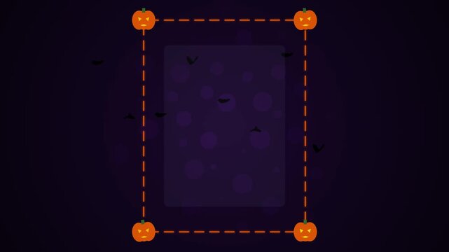 Halloween Frame with Flying Bats and Orange Jackolantern Pumpkins