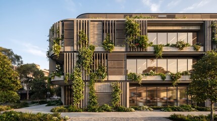 Fototapeta premium Modern eco-friendly building facade features lush green vertical gardens on balconies.