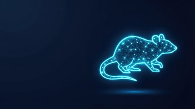Glowing blue wireframe rat symbolizes cutting-edge AI, digital science, and futuristic tech innovation with dark background for versatile high-tech design use.
