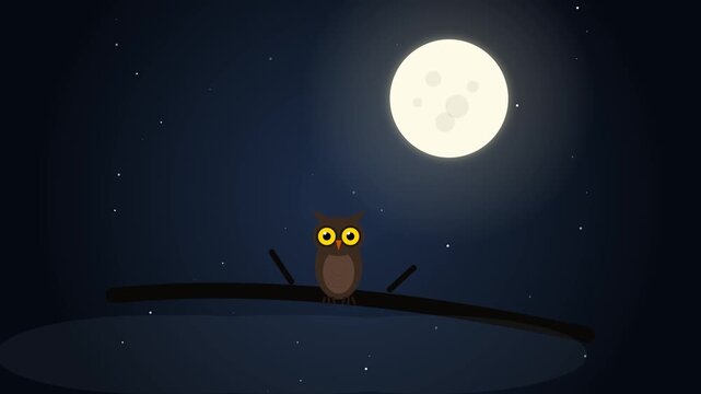 Owl Perched on a Branch Under a Full Moon in a Starry Night Sky