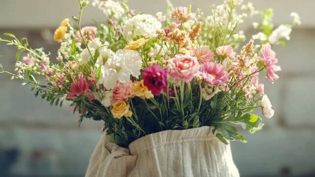 Rustic bouquet of pastel flowers in a burlap sack